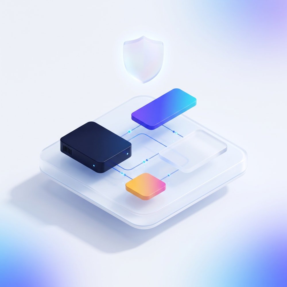 Isometric illustration of the TryTrustable platform: a scanner, mapping engine, evidence store and cloud sources connected by live data links beneath a security shield.